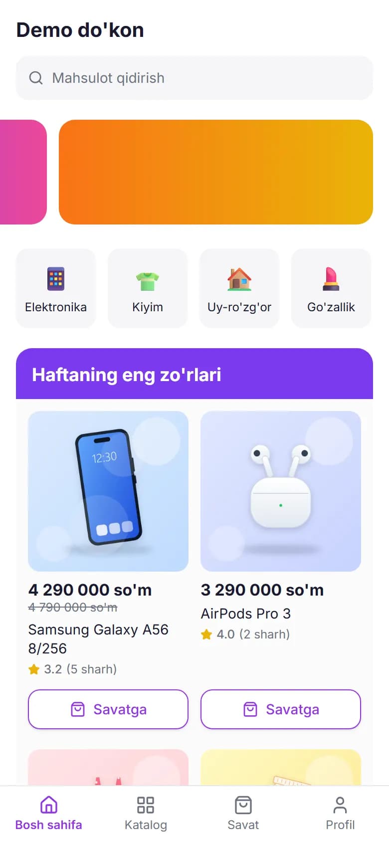 Demo do'kon vitrinasi telefonda: kategoriyalar va mahsulotlar