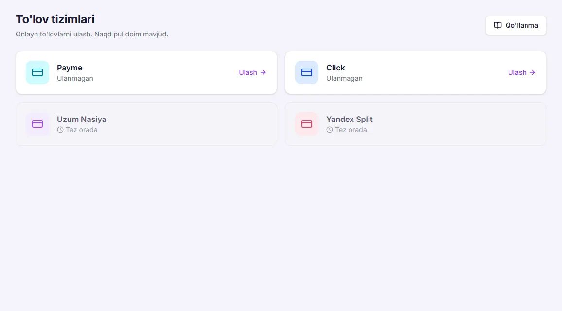 To'lov tizimlari: Payme, Click va «Tez orada» kartalari