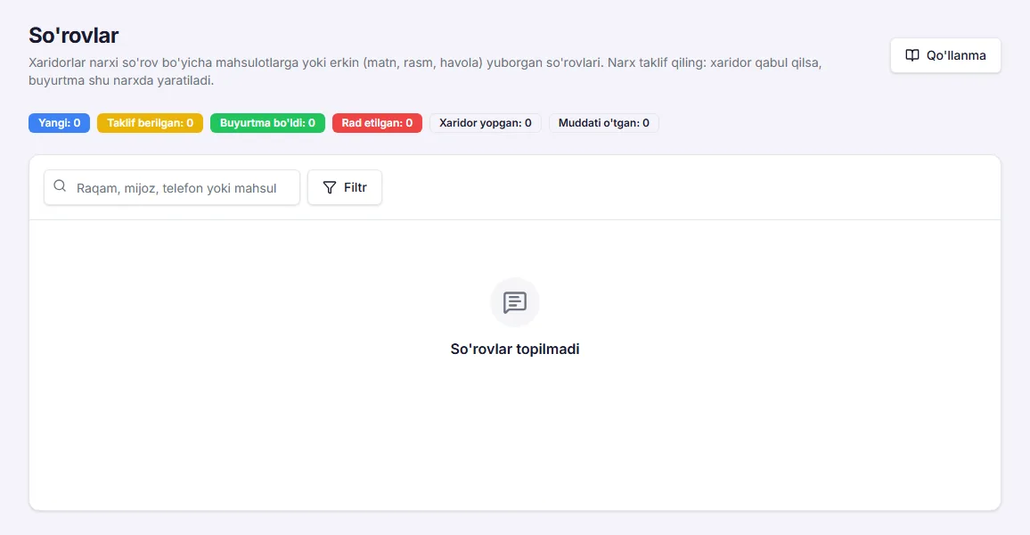 So'rovlar: holatlar, kanal va ro'yxat