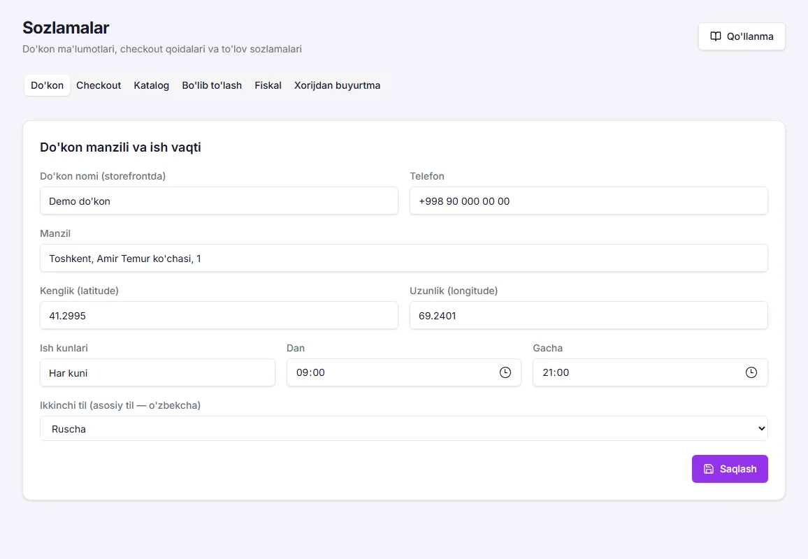 Sozlamalar sahifasi: tablar va checkout qoidalari
